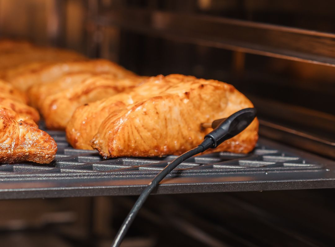 Filés de salmão assando no forno com sonda térmica espetada